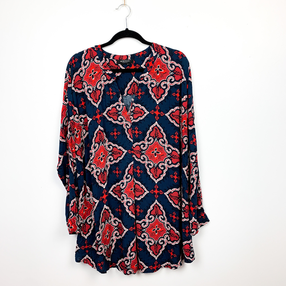 MichelStudio Long Sleeve Red, Blue & White Damask Blouse